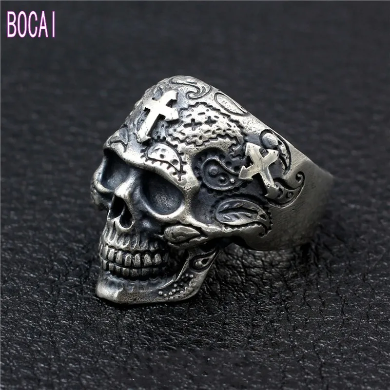 BOCAI, новинка,, S925, чистое серебро, Череп, кольцо, для мужчин, тайское серебро, мужское кольцо, ручная работа, крест, голова призрака, мужские модели, властные