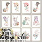 Настенная Картина на холсте Кролик цветок корзина цветные яйца Девушка Животные скандинавские плакаты и принты настенные картины декор детской комнаты