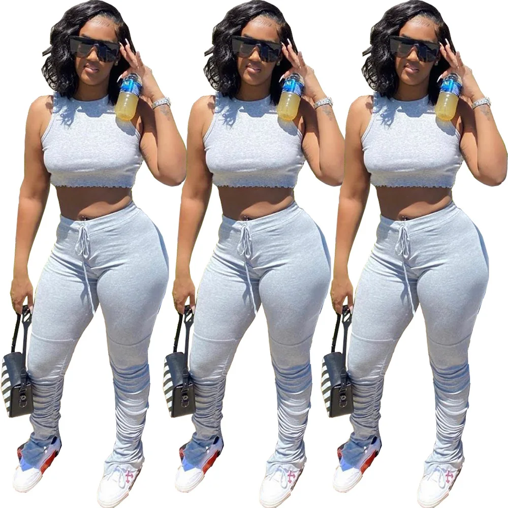 Casual Women Stacked Pants Joggers Set Sleeveless Crop Top + Long Tracksuit Clothes For Pare Gray Color |
