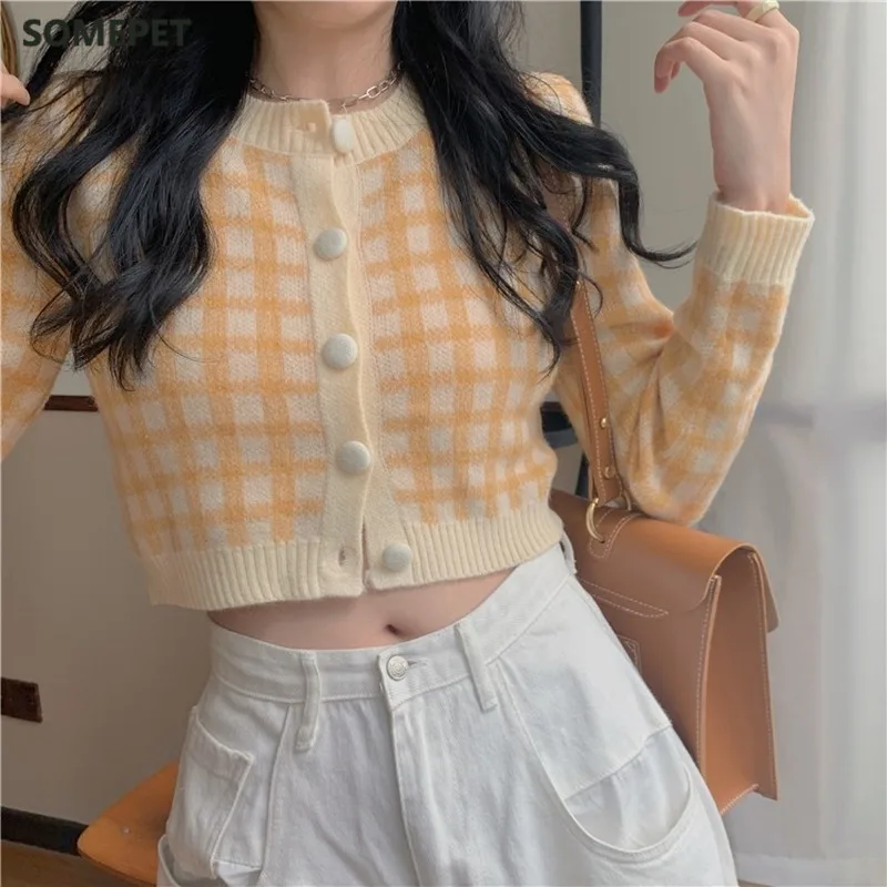 

Plaid Sweaters Women Short Slim Korean Ins New Fashion Autumn Winter Cardigans Sweet 2021 Chaqueta Mujer