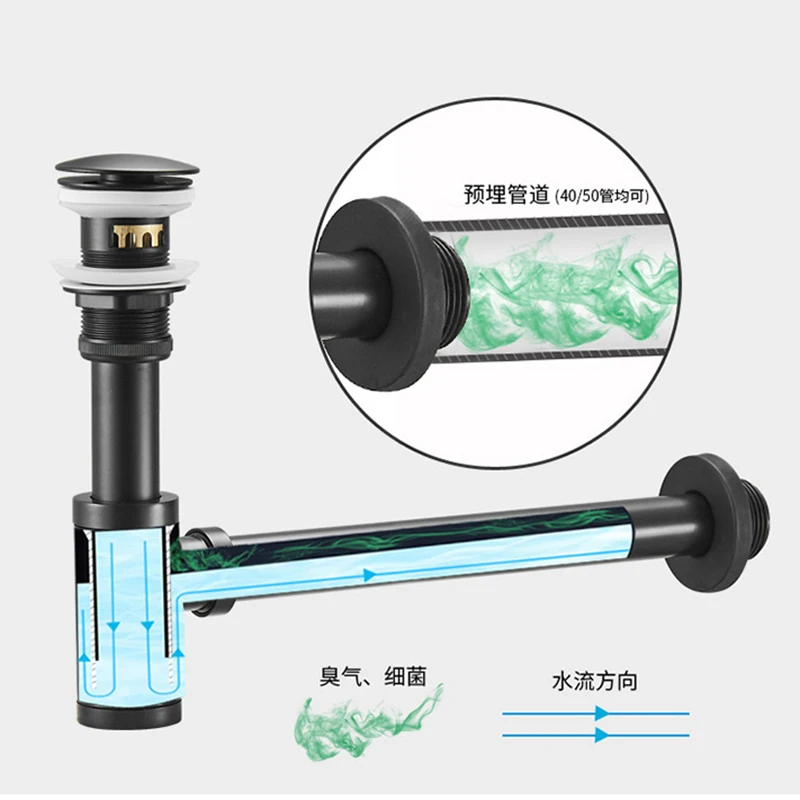 Basin Pop Up Drain Black Brass Bathroom Sink Siphon Drains Bottle Trap With Kit P-TRAP Pipe Waste Hardware Overflow | Обустройство