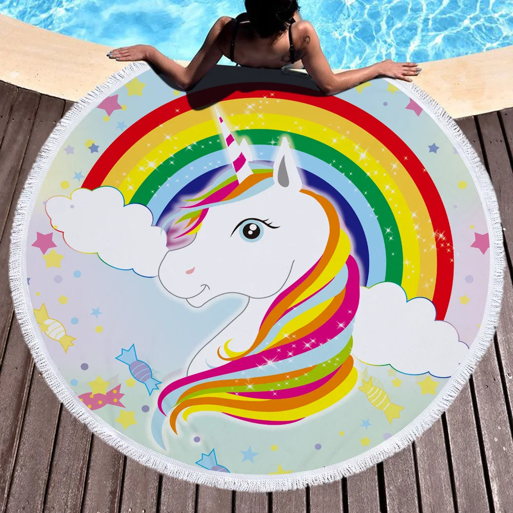 

Rainbow Unicorn Printed Large Round Beach Towel Microfiber Round Fabric Bath Towels For Living Room Home Decorative