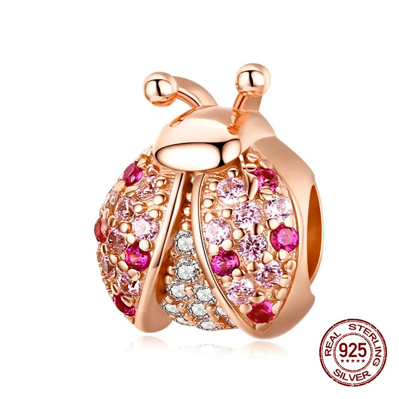 Fit Pandora браслет Шарм розовый циркон бусины «божья коровка» 925 стерлингового серебра Женщина Подвеска для изготовления ожерелья Лидер продаж