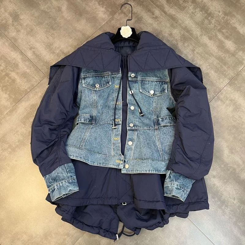 

ZCSMLL 2021 Winter Turn-down Collar Women Coat Long Sleeves Stitching Denim Waist Ruffled Design Fake Two-piece Cotton Coat