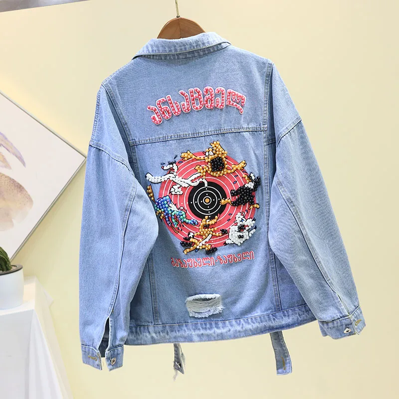 Женская джинсовая куртка с дырками Повседневная Свободная бусинами верхняя