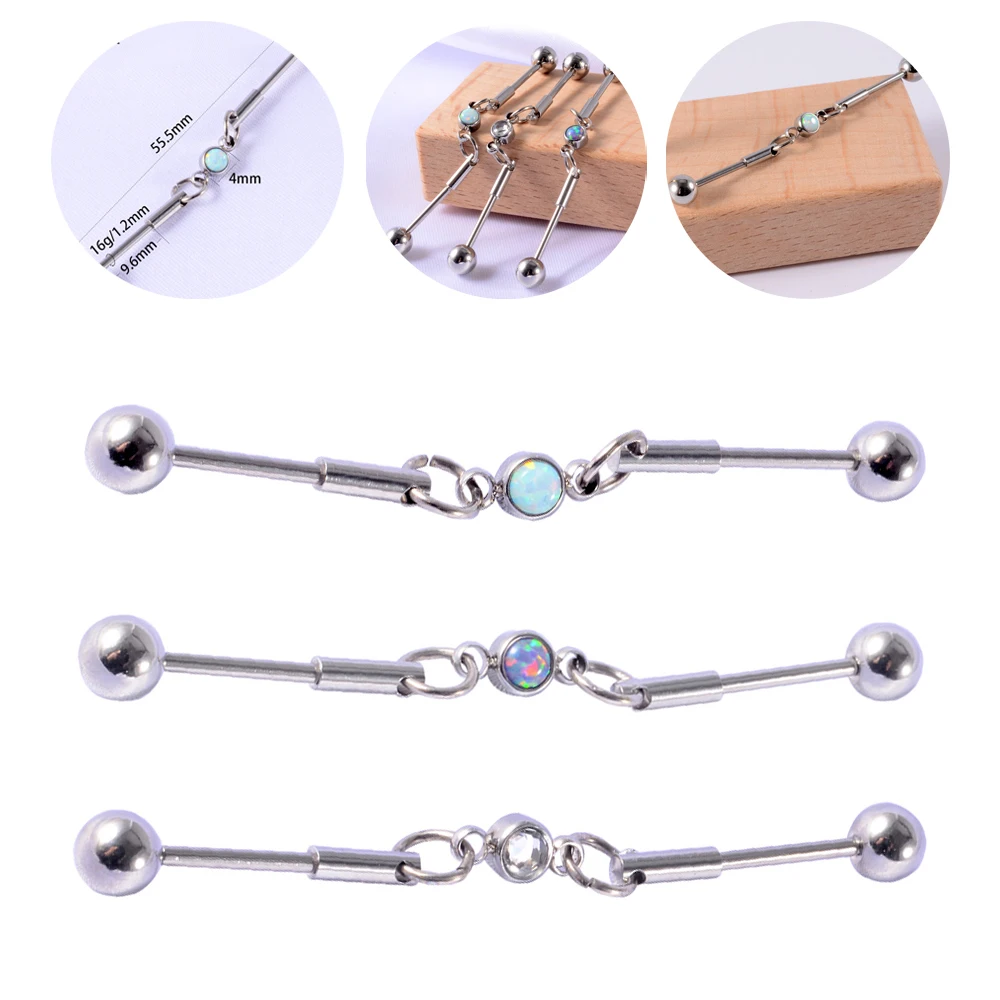 

1PCS 16G Stainless Steel Industrial Barbell Piercing Opal Earring Straigh Bar Cartilage Ear Piercing Barbells Can Move Jewelry