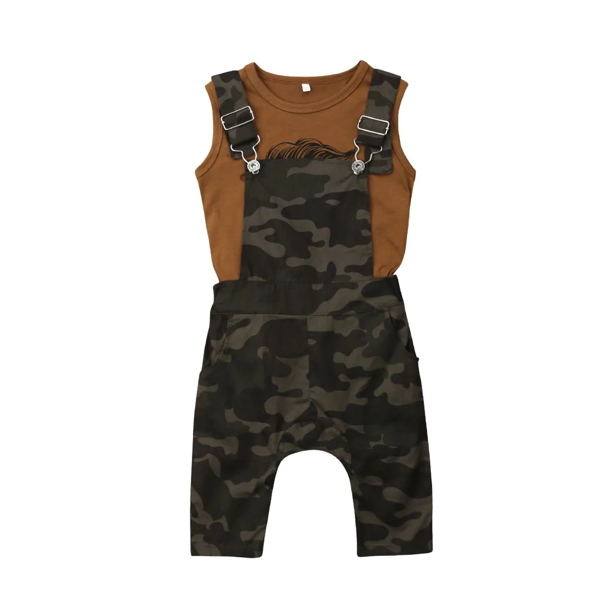 Toddler Baby Bibs Girl Boys Printing Clothes Vest Top T-Shirt+Camouflage Overalls Cotton Outfit Children Summer Clothing Set | Детская