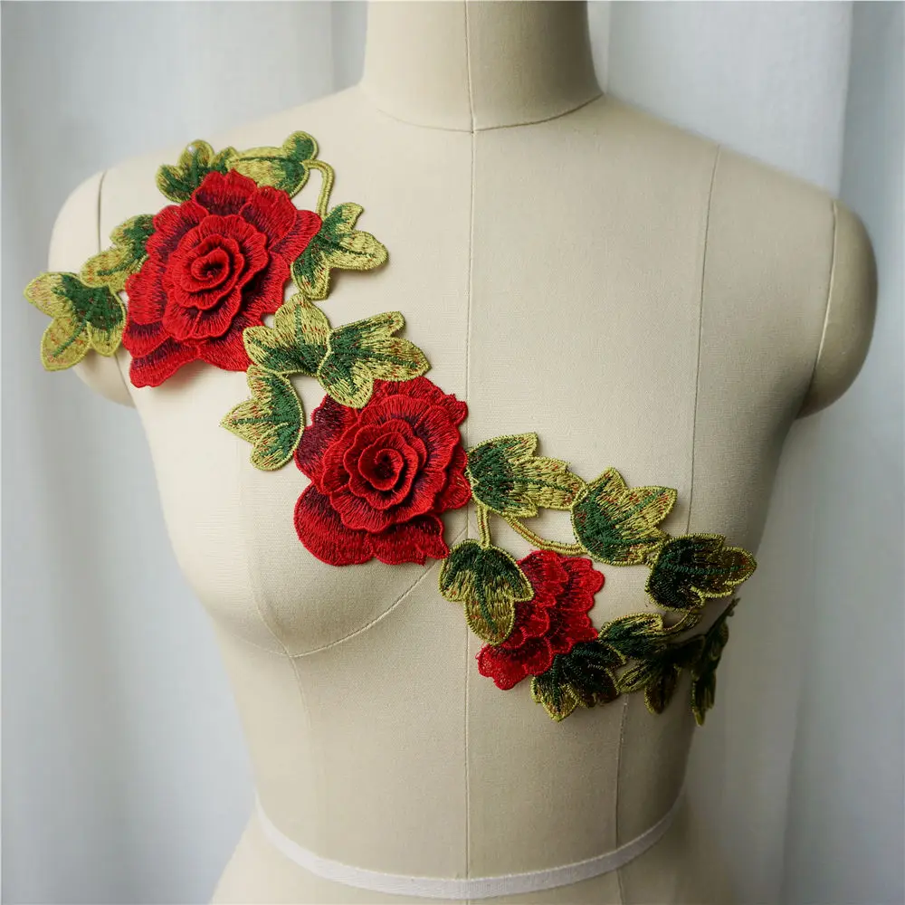 Вышитые 3D Цветочные листья красного синего и розового цветов Аппликации