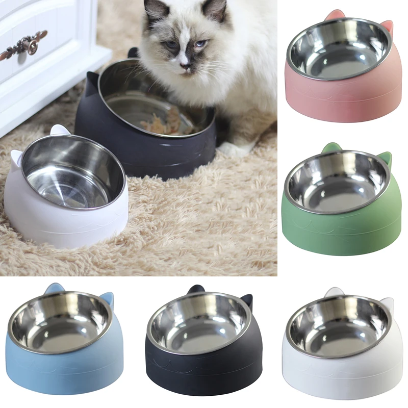 

Cat Dog Bowl 15 Degrees Raised Stainless Steel Cat Bowls Safeguard Neck Puppy Cat Feeder Non-slip Crash Elevated Cats ​Food Bowl