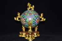 10 chinese folk collection old bronze cloisonne lion statue trisomy globe shape incense burner gather fortune ornament