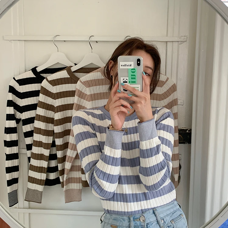 

New 2021 Spring Autumn Women's Sweaters Pullover Slim Bottoming Knitted Striped Vintage Korean Lady Wild Tops