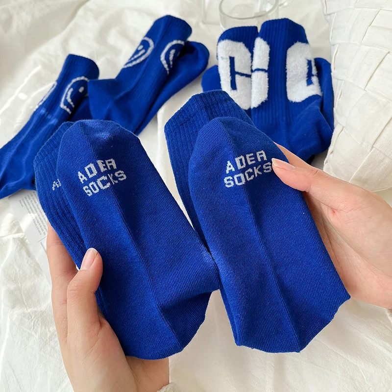 Klein Blue Socks Fashion Letter Smiley Women's Cotton Knee High Socks Women Retro Style Casual  Street Sports Harajuku Socks