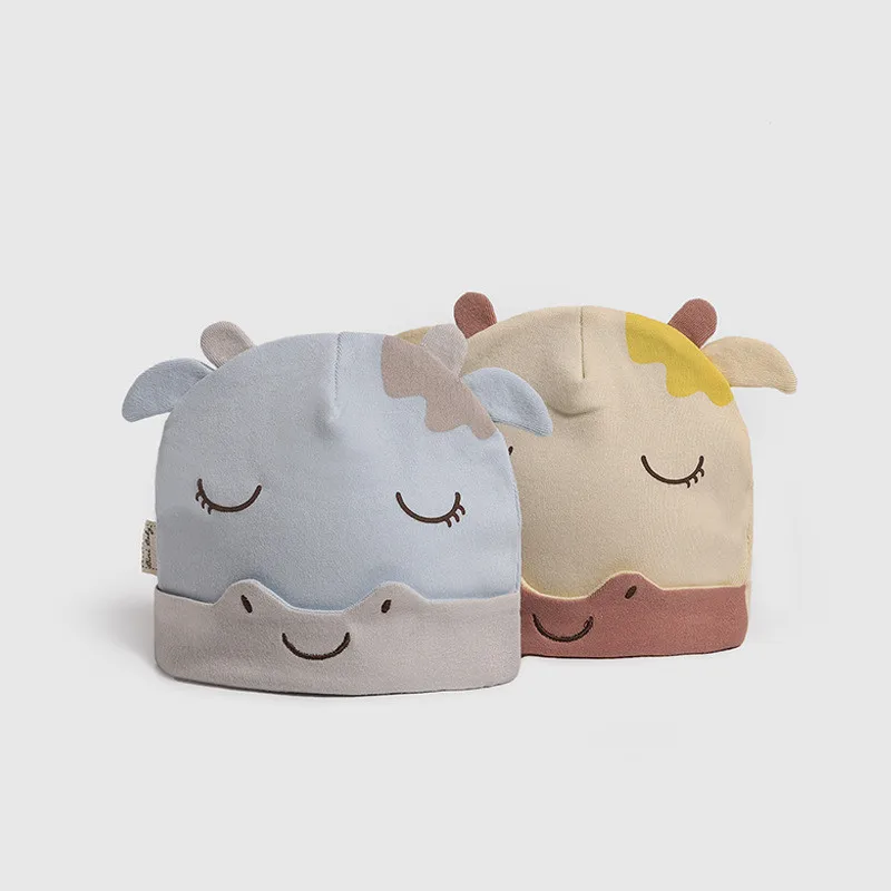 

Baby Hooded Caps Spring And Summer Style Caps Cute All-Match Smiling Cow Children's Hats Cotton Newborn Fetal Caps