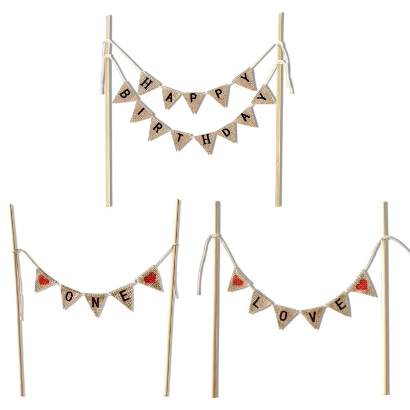 Natural Jute Banner Cake Toppers Mr Mrs Just Married Rustic Wedding Decoration Happy 1st Birthday Topper One Party Supplies | Дом и сад