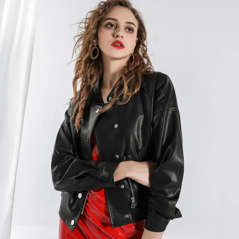 Новое поступление 2019 Короткое женское кожаное пальто с круглым вырезом куртка