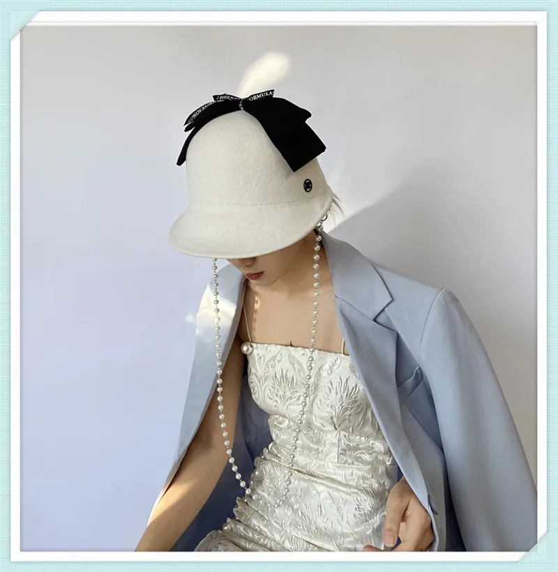 

Новинка 202112-2509264, осенне-зимняя шерстяная шляпа с жемчужной цепочкой и надписью и бантом, женская шляпа для отдыха, женская кепка с козырьком