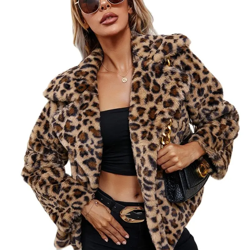 

Женская куртка, кардиган с леопардовым принтом, зимнее пальто из искусственного меха, роскошное теплое плюшевое пальто, модное меховое паль...