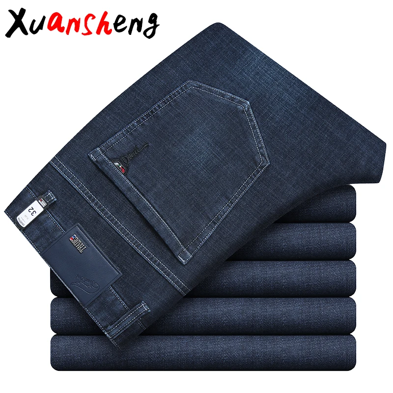 Navy blue Xuansheng, прямые мужские джинсы, осень, плотные, классические, Бизнес Стиль, для работы, стрейч, модные, повседневные, длинные штаны, уличная одежда, новые джинсы - Цвет: Navy blue