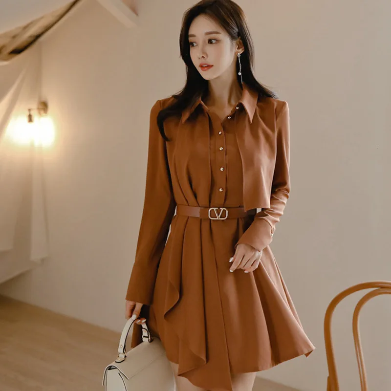 Женское однобортное платье-рубашка с длинными рукавами [EWQ] темно-коричневое