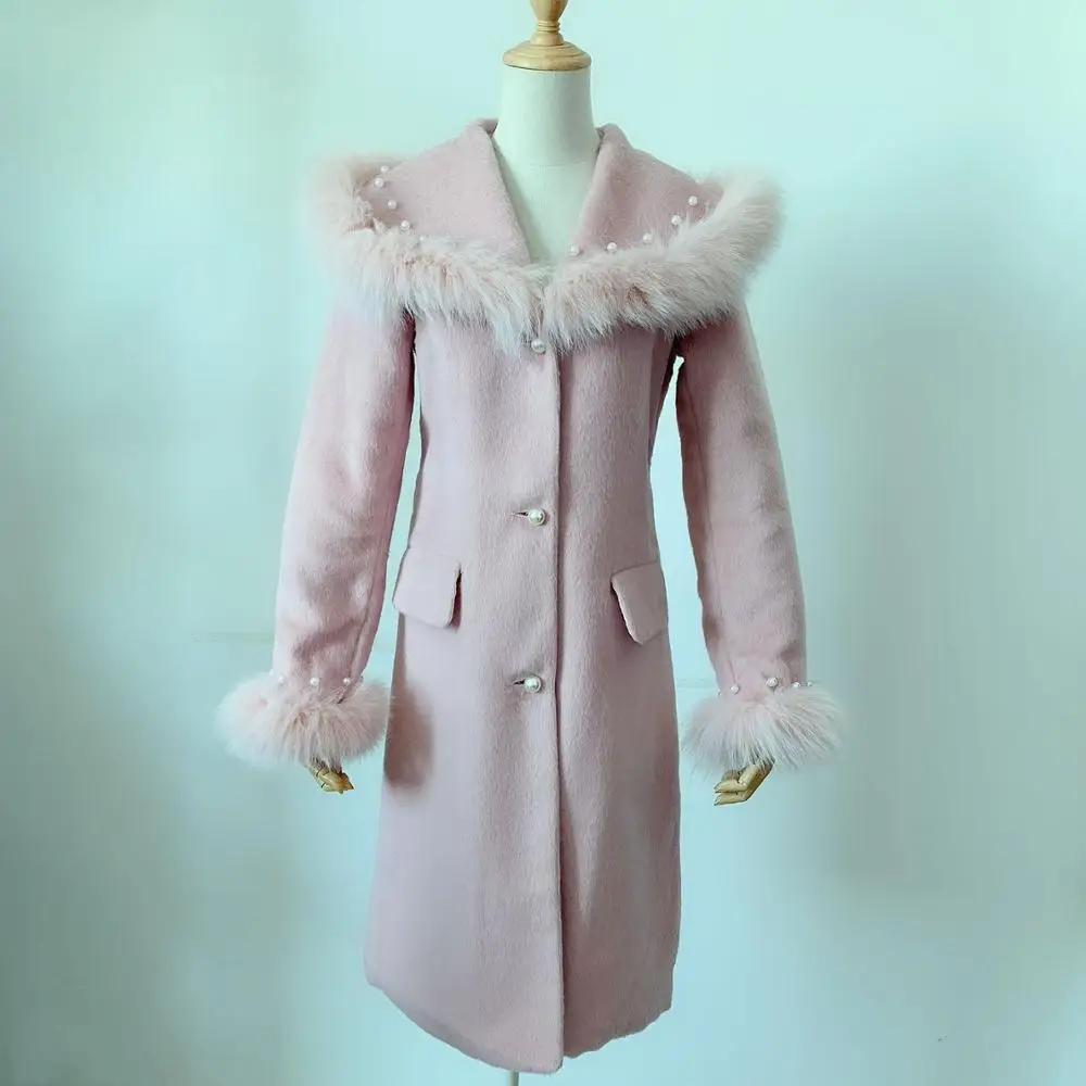 

Зимнее модное плотное теплое пальто из смесовой шерсти, Кашемировое Пальто с отделкой жемчугом и бисером, женская тонкая шерстяная верхняя ...