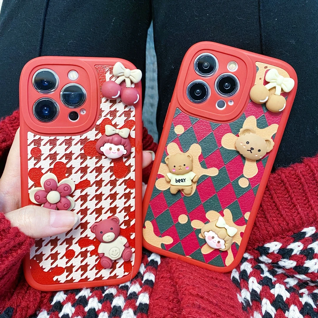 

Мультяшный 3D Медведь цветочный узор клетчатый фон для iPhone 11 12 13 11Promax 12Pro 13Promax 7 8P X XSMAX XR Противоскользящий мягкий чехол