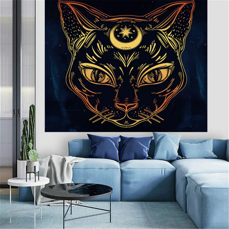 

Hippie Tarot Cat Tapestry Wall Hanging Witchcraft Hebrew Ayin Astrology Psychedelic Moon Goat Boho Decor Home Divination Blanket