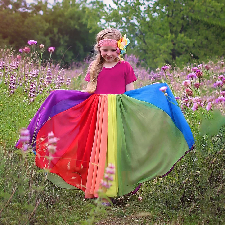 

Girls Casual Dress Toddler Clothing 2021 Summer Hawaii Beach Vacation Dress Girls Short-sleeved Rainbow Princess Dress 12M-8T