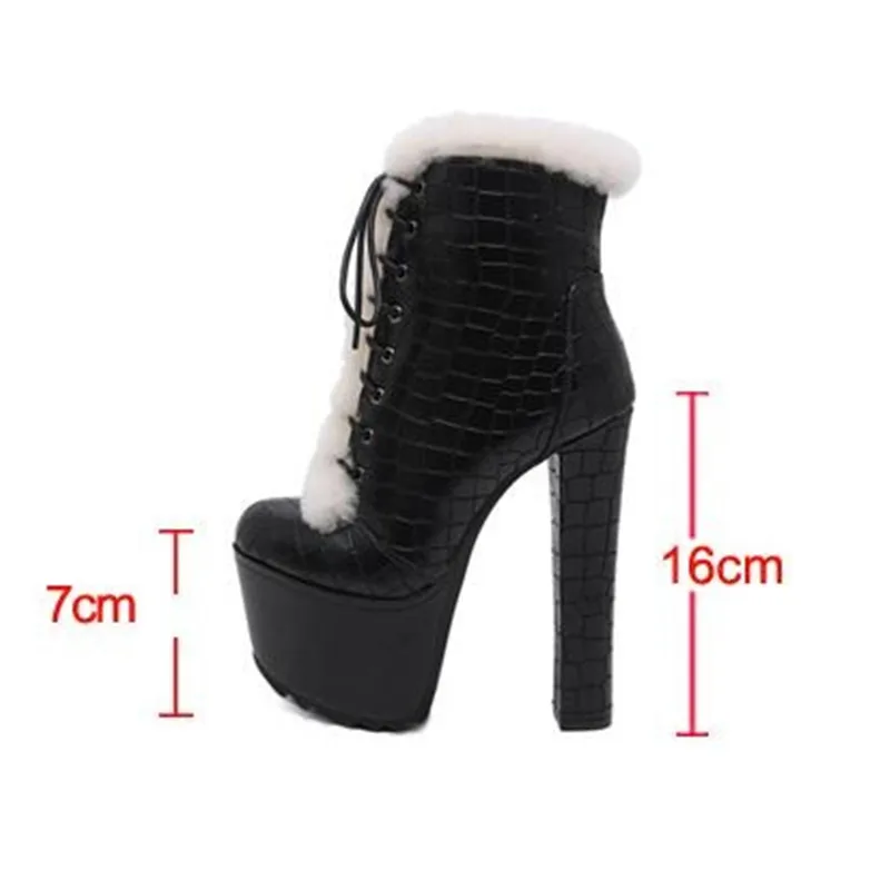 

Fashion Sexy Black Faux Fur Motorcycle Boots Women Platform High heels Casual Shoes Lace-Up Round Toe Ladies Winter Ankle Boots