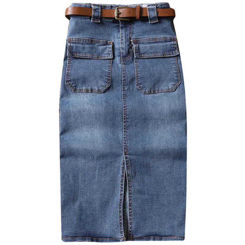 

2020 summer new denim women skirts high waist solid pocket slim casual all match knee-length skirts top quality