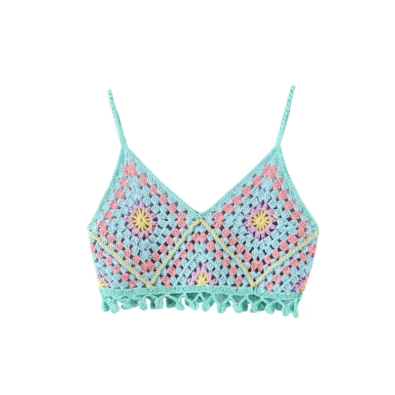 

Thorn Tree Vintage Flower Knitted V-Neck Print Crop Tops Vest Tank Sleeveless Slim Camis Summer Women Casual Handmade Streetwear