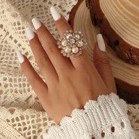luxury pearl stone big flower joint ring for women girl kpop gold color alloy temperament flower ring party jewelry anillos