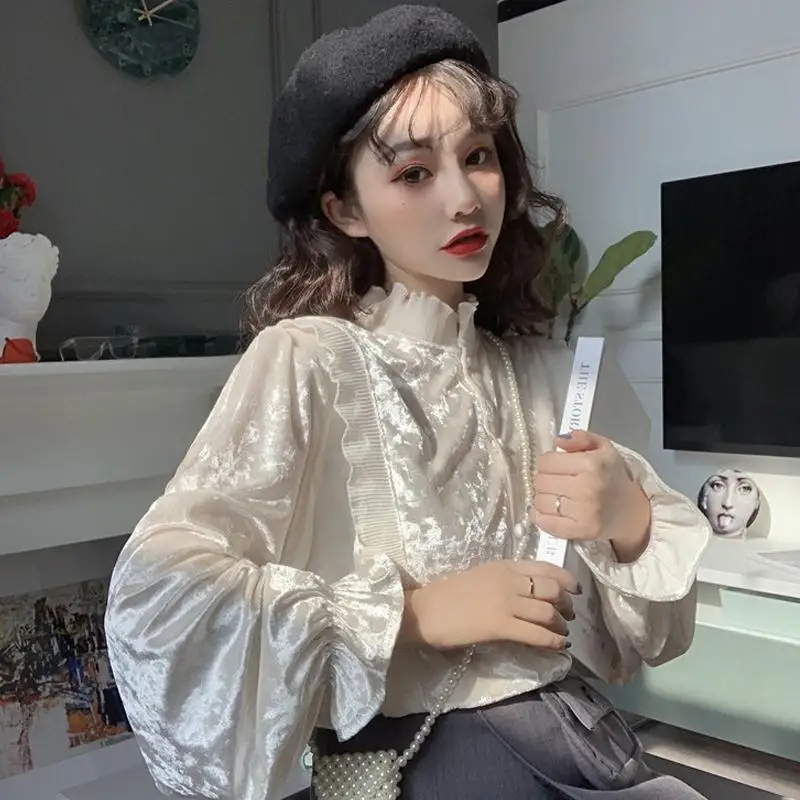 

Women Blouse Pleated Lace StCollar Patchwork Shirt Autumn Winter Loose Women Blusas Mujer De Moda
