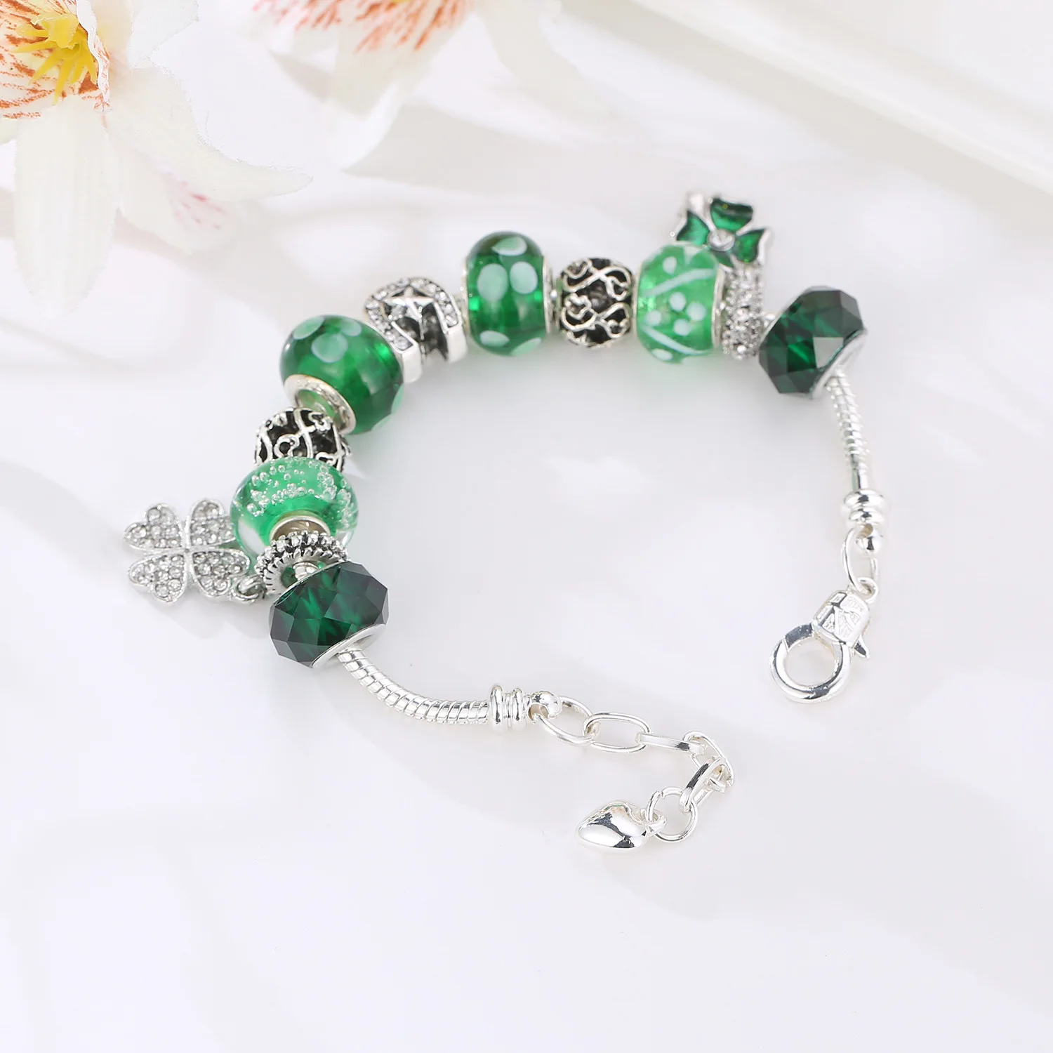 Дропшиппинг Винтажный стиль Европейский Зеленый Кристалл Шарм Пандора браслет
