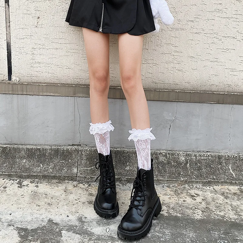 

Women's Socks Japanese Lolita Style White Color Lace Hollow Out Thin Knee Socks Summer Breathable Female JK Uniform Socks
