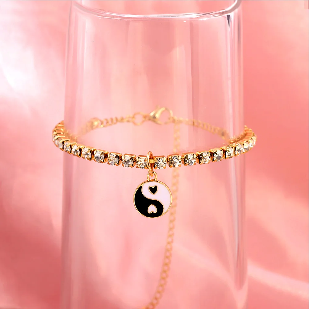 Просто почувствуйте Корея Сияющая Кристалловая цепочка для тенниса для женщин Многоцветный эмаль Янь-йин Круглый геометрический оберег Браслет для ног.