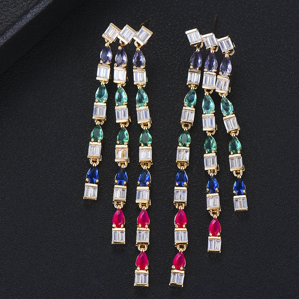 

LARRAURI 2019 Luxury Cubic Zirconia Inlaid Pendant Dangle Drop Earrings Geometric Shape Drop Tassel Bohemian Earrings For Women
