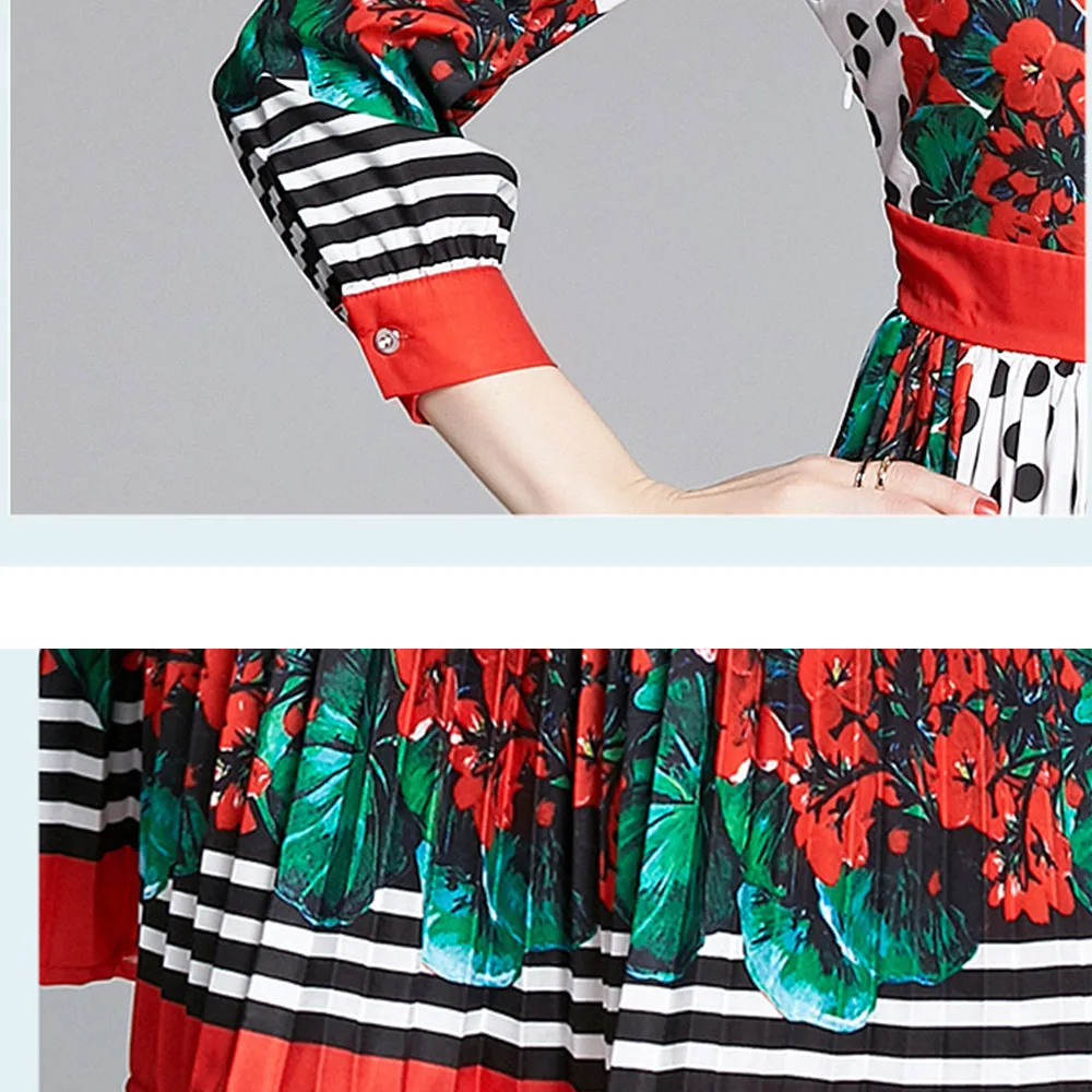

2020 Spring New Fashion Runway Dress Women Elegant Long Sleeve Turn Down Neck Beading Floral Dot Print Midi Pleated Dresses