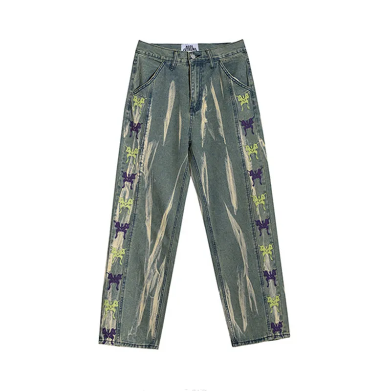 New Arrivals Butterfly Embroidery Vintage Green Men Baggy Jeans Trousers Hip Hop Straight Women Wide Denim Pants Pantalon Homme
