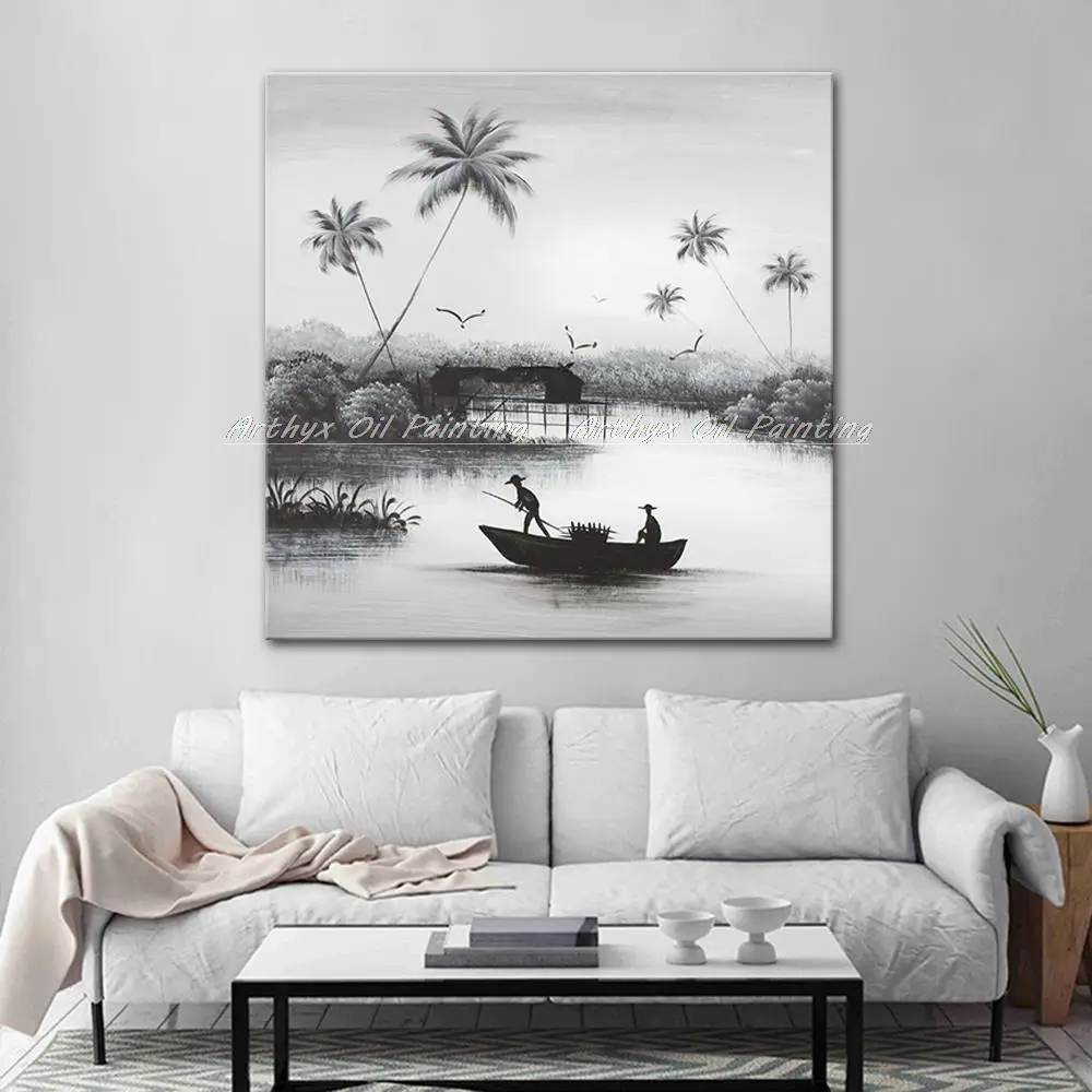 Arthyx ручная работа семья рыбака пепельный черный пейзаж масляная живопись на