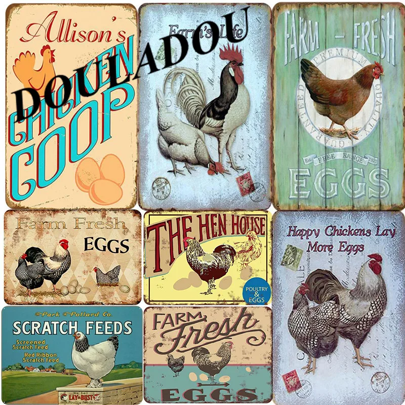 

[Douladou] Chicken Fresh Eggs Plaque Vintage Embossed Metal Tin Signs Farm Shop Farm Animals Wall Home Decor Poster 30*20CM