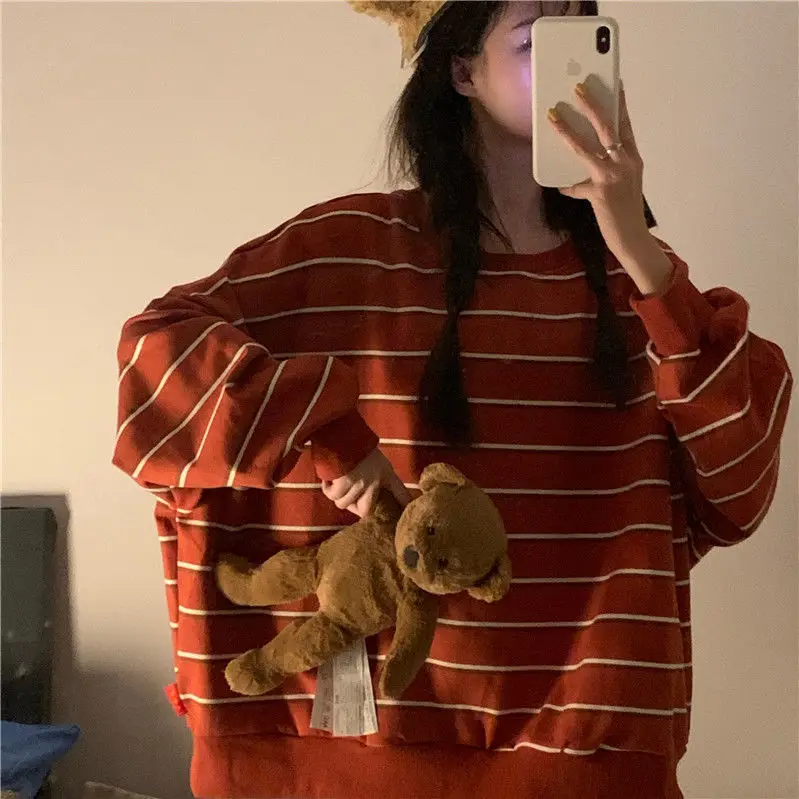 

Striped Top 2021 Spring And Autumn Korean Harajuku Sisters' Middle Length Loose And Versatile For Female Students