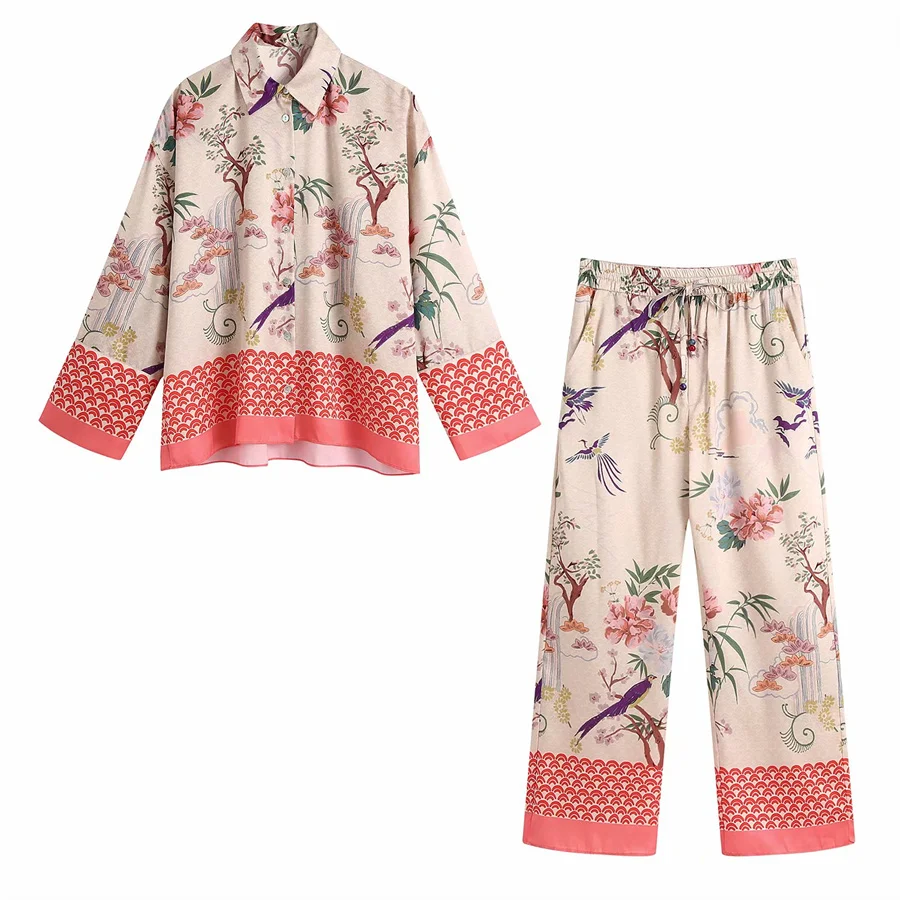 

Женский брючный костюм ZXQJ, винтажный комплект из двух предметов, с принтом, свободный, Повседневный, летний, 2021