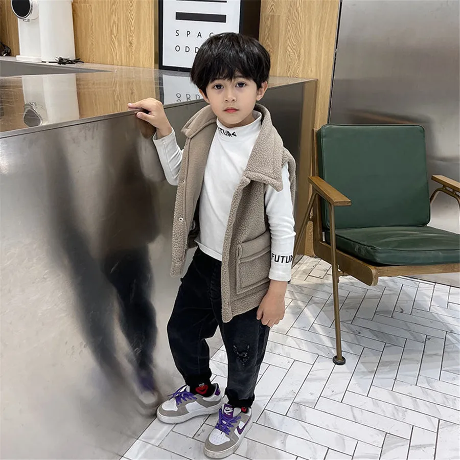 

Новинка 2021, осенне-зимний шерстяной жилет без рукавов для мальчиков и девочек, однотонное пальто, детский теплый кашемировый жилет, верхняя ...