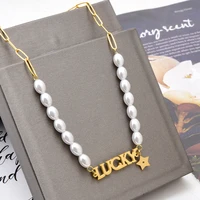 meyrroyu stainless steel gold color pearl star letter luck pendant necklaces for women choker 2021 trendy fashion gift jewelry