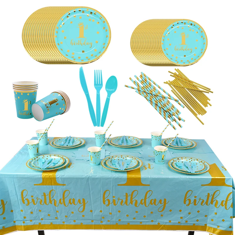 1st Birthday Party Supplies Pink Blue Paper Plates Cups Straws Disposable Tableware Banner Gender Reveal Baby Shower Party Decor