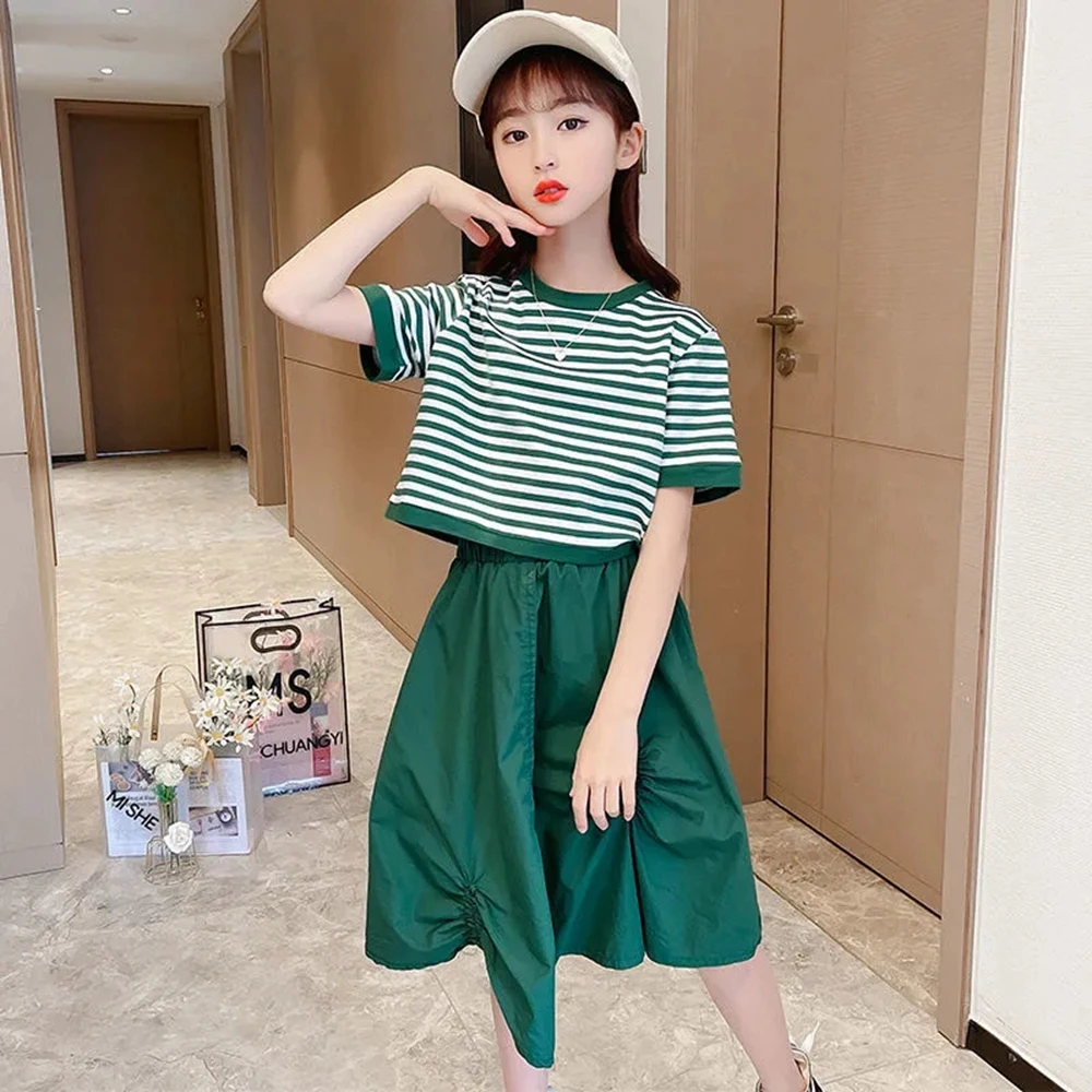 

Комплекты одежды для девочек-подростков, Летняя короткая футболка в полоску и юбка, 2 предмета, одежда для малышей, Детские наряды для девоче...