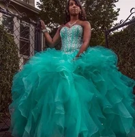2021 quinceanera dress aqua ruffles tiered ball gown luxury crystal beaded sexy sweetheart backless long 15 year party dresses