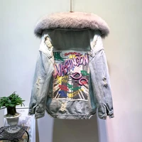 winter fashion warm natural fox fur collar coats real rabbit hair liner denim jacket female embroidery real fur jacket f702