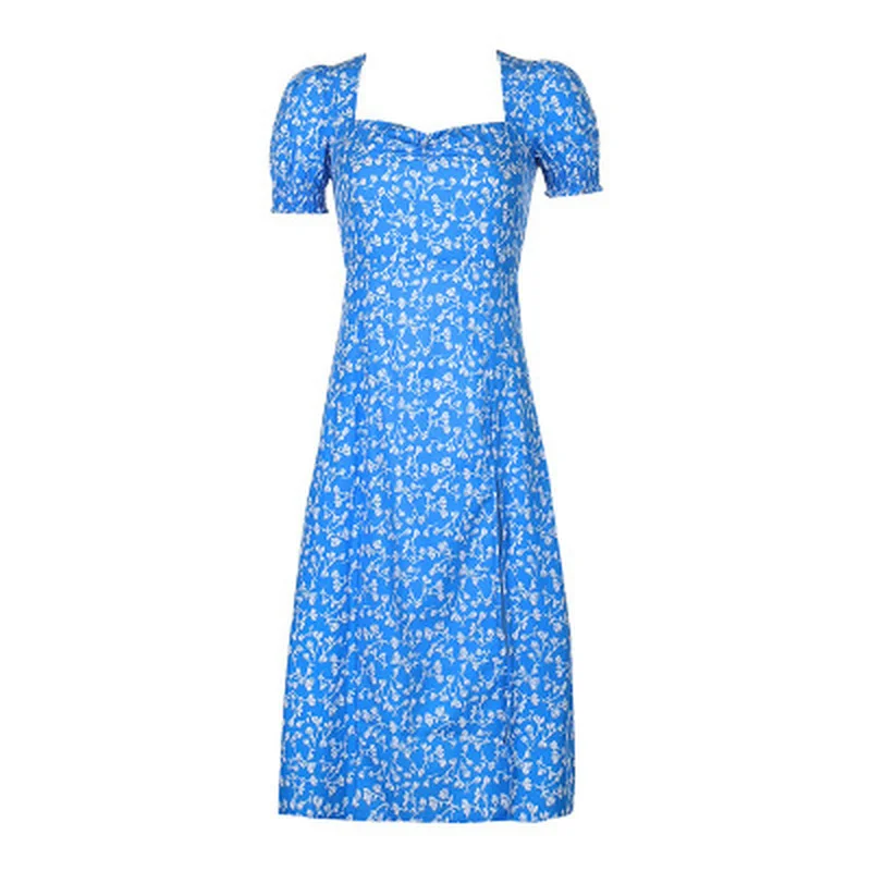 

2021 French Romance Retro Dresses Women Casual Floral Print Square Collar Dresses Ruffles Puff Sleeve Midi Dresses Lady 2019