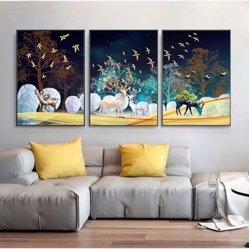 Северный лес олень животное и Птицы Пейзаж Холст Картина постер для декораций